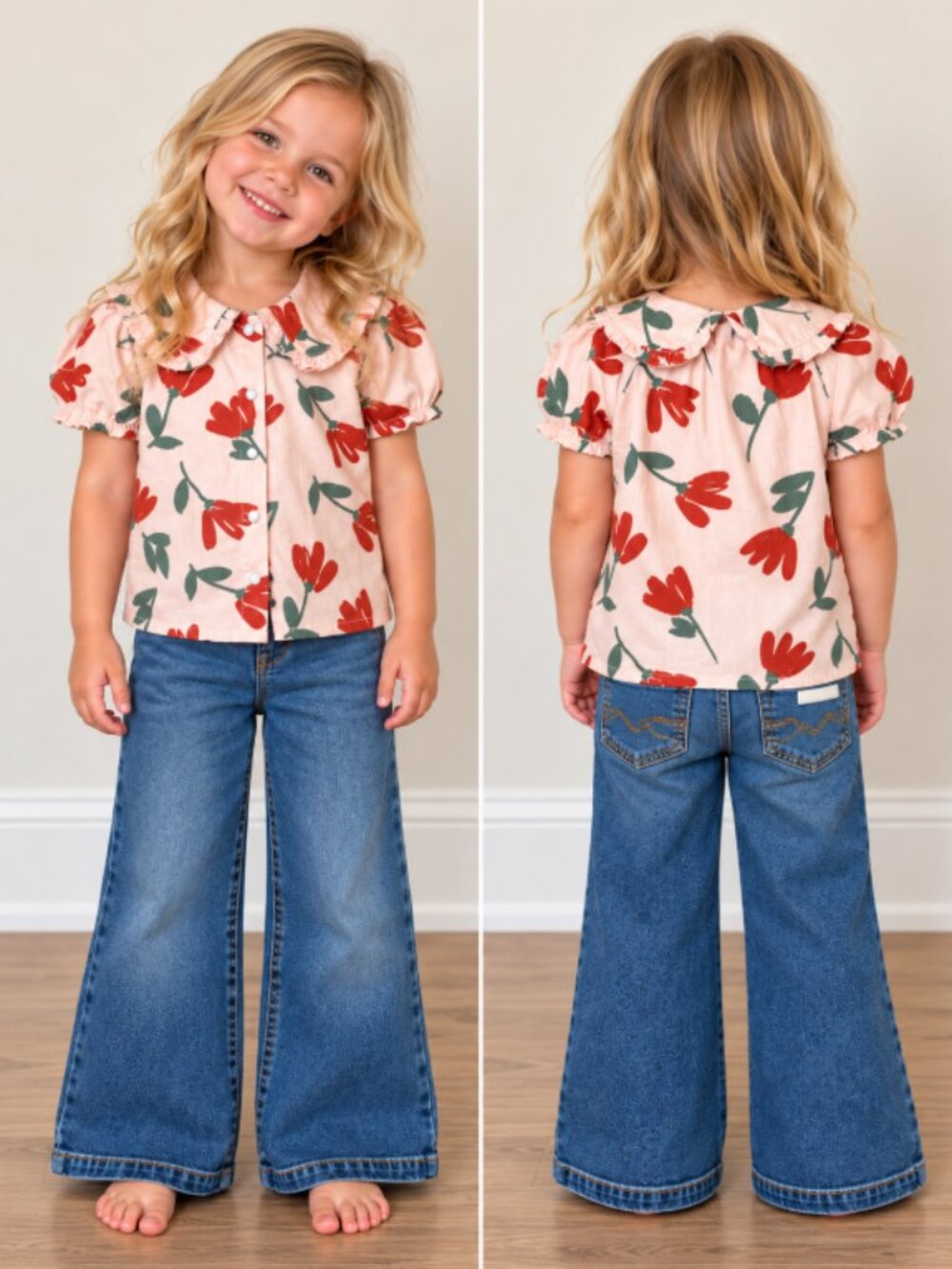 7 For All Mankind Girls 4T Floral Button Blouse Pink Ruffle Collar